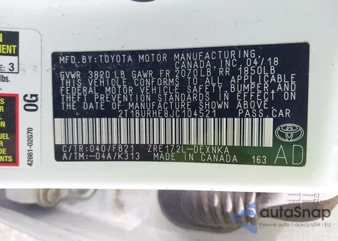 2018 Toyota Corolla Le из США, поврежденный, VIN 2T1BURHE8JC104521